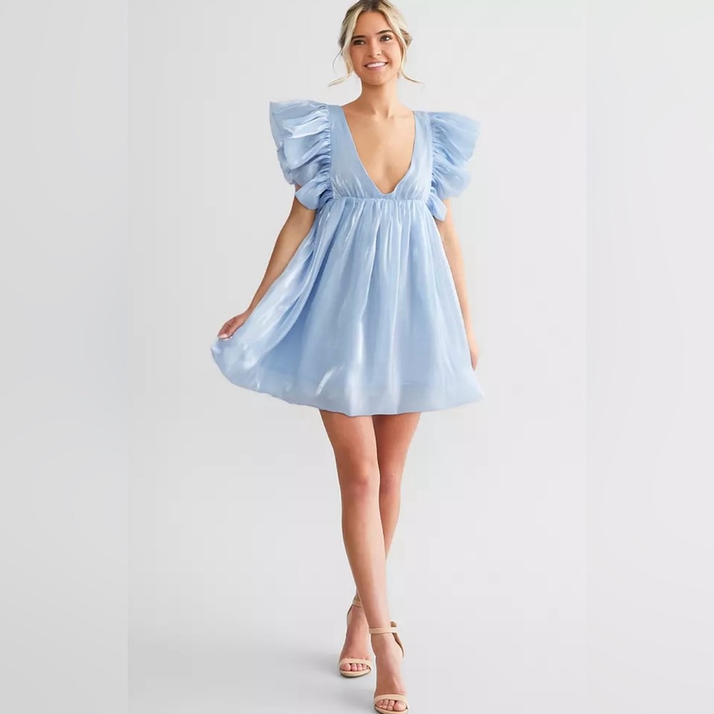 Storia Deep V-Neck Sheen Mini Dress Sky‎ Blue Ruffle Sleeve Size Small
